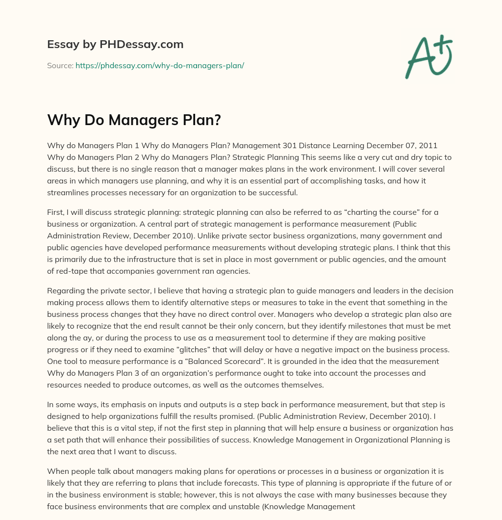 Why Do Managers Plan? essay