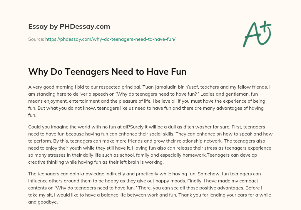 Why Do Teenagers Need to Have Fun essay