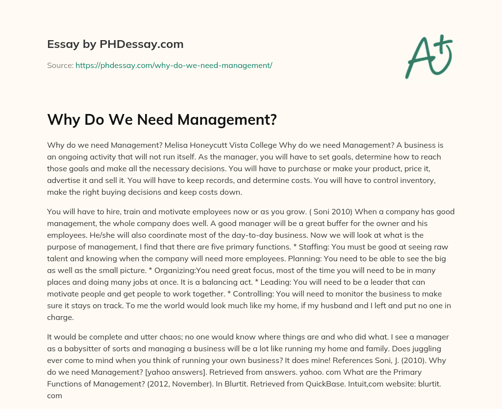 Why Do We Need Management? essay