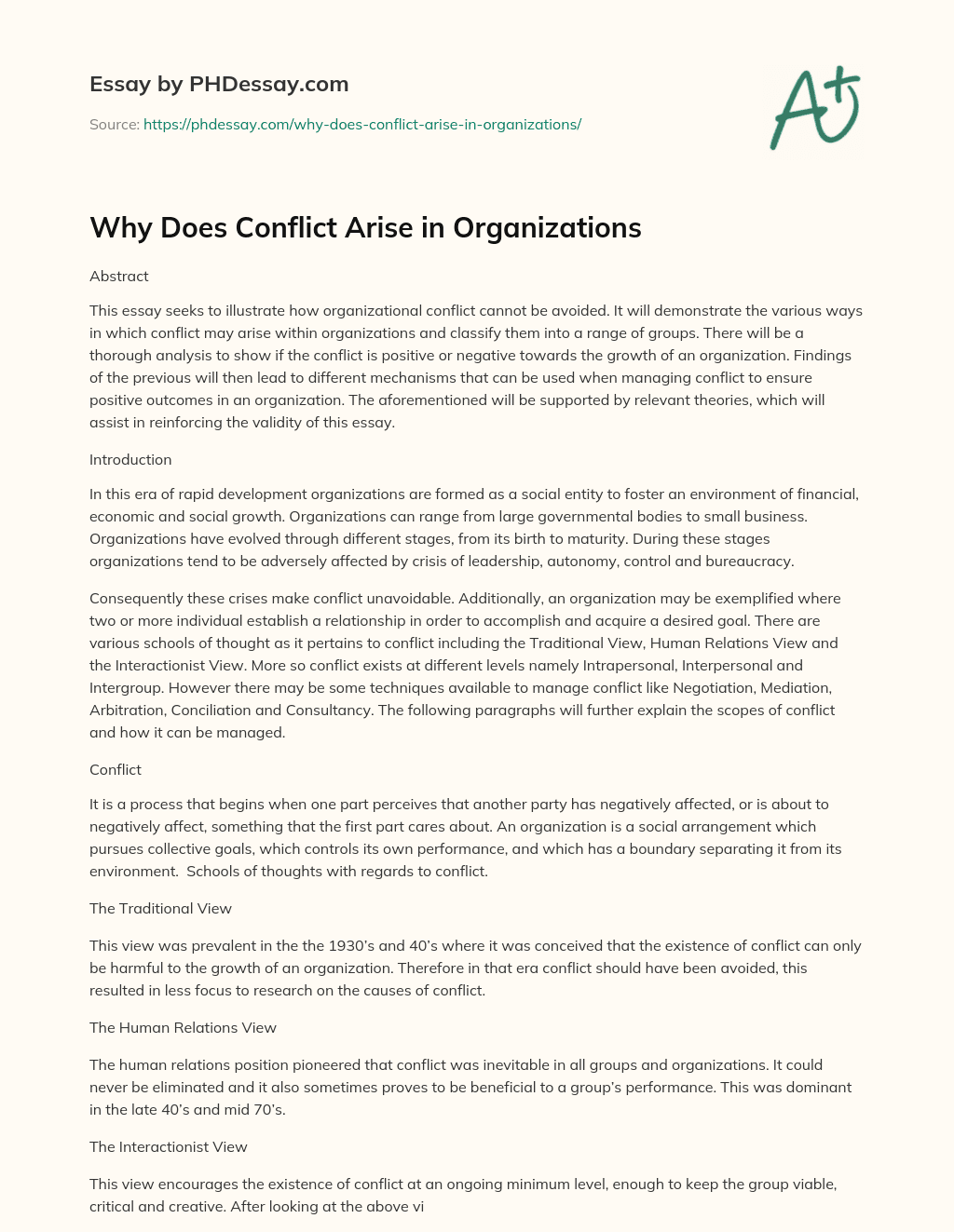 Why Does Conflict Arise in Organizations essay