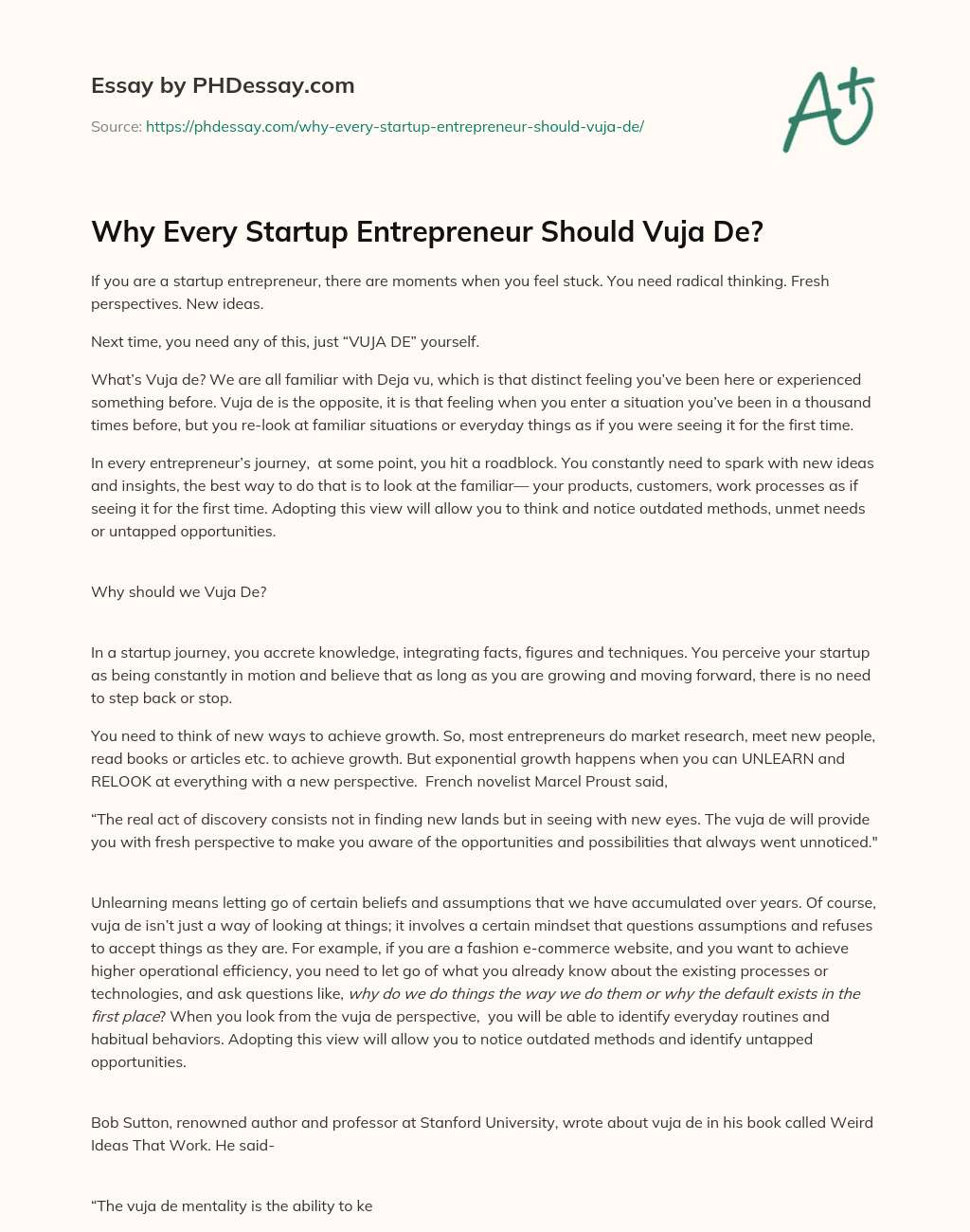 Why Every Startup Entrepreneur Should Vuja De? essay