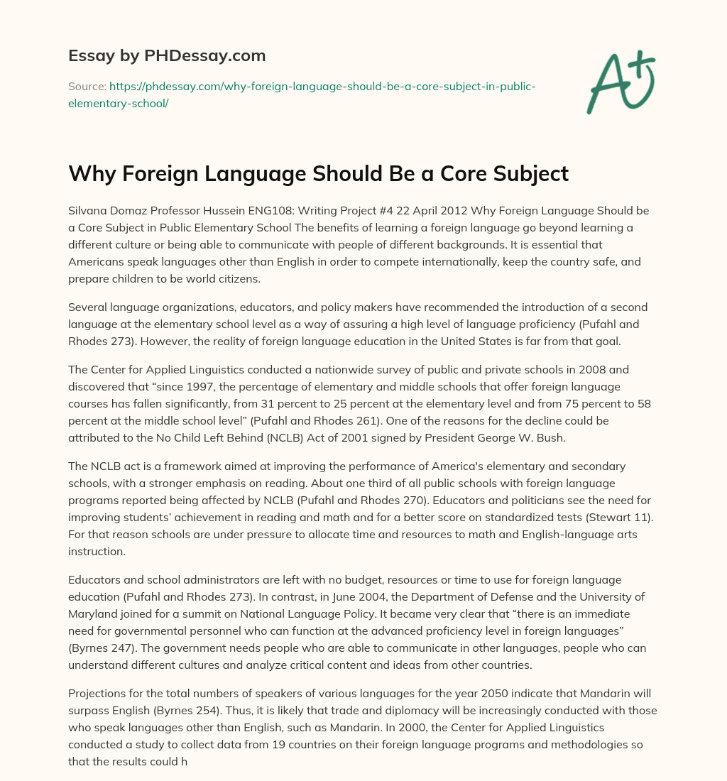 Why Foreign Language Should Be a Core Subject essay