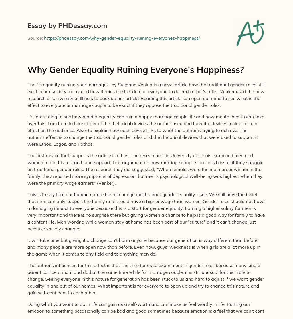 Why Gender Equality Ruining Everyone’s Happiness? essay