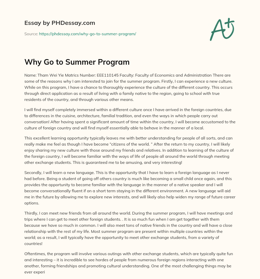 college essay about summer program