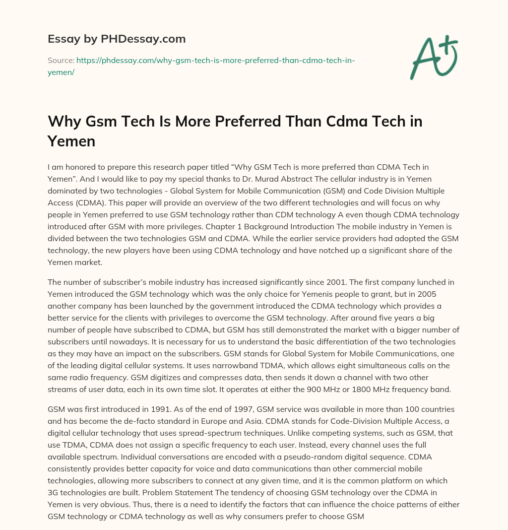 Why Gsm Tech Is More Preferred Than Cdma Tech in Yemen essay