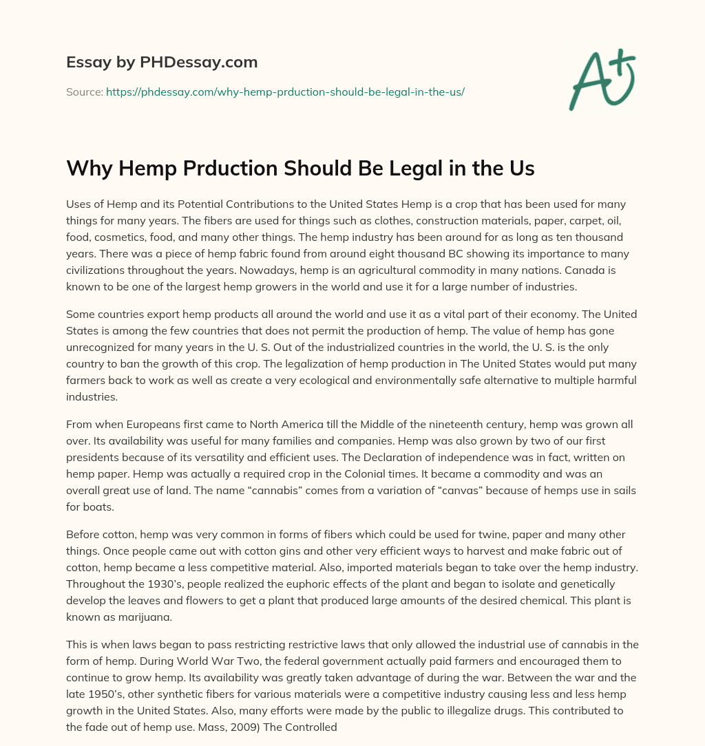 Why Hemp Prduction Should Be Legal in the Us essay