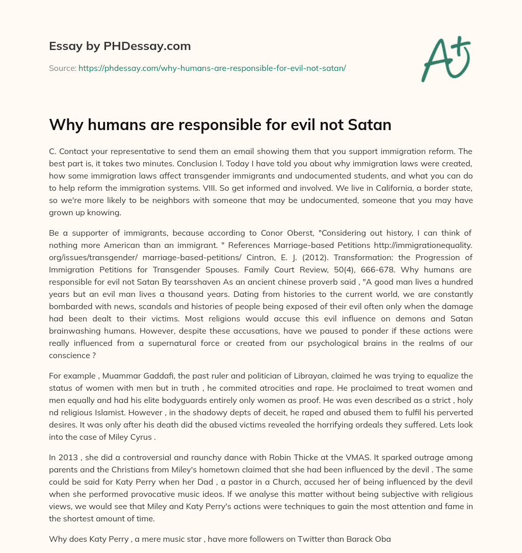 Why humans are responsible for evil not Satan essay