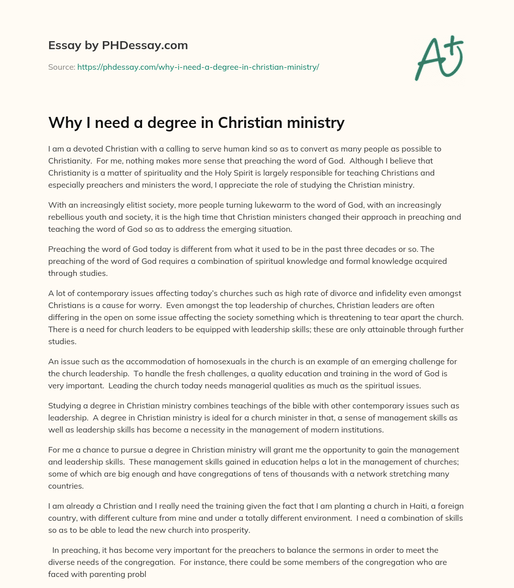 Why I need a degree in Christian ministry essay