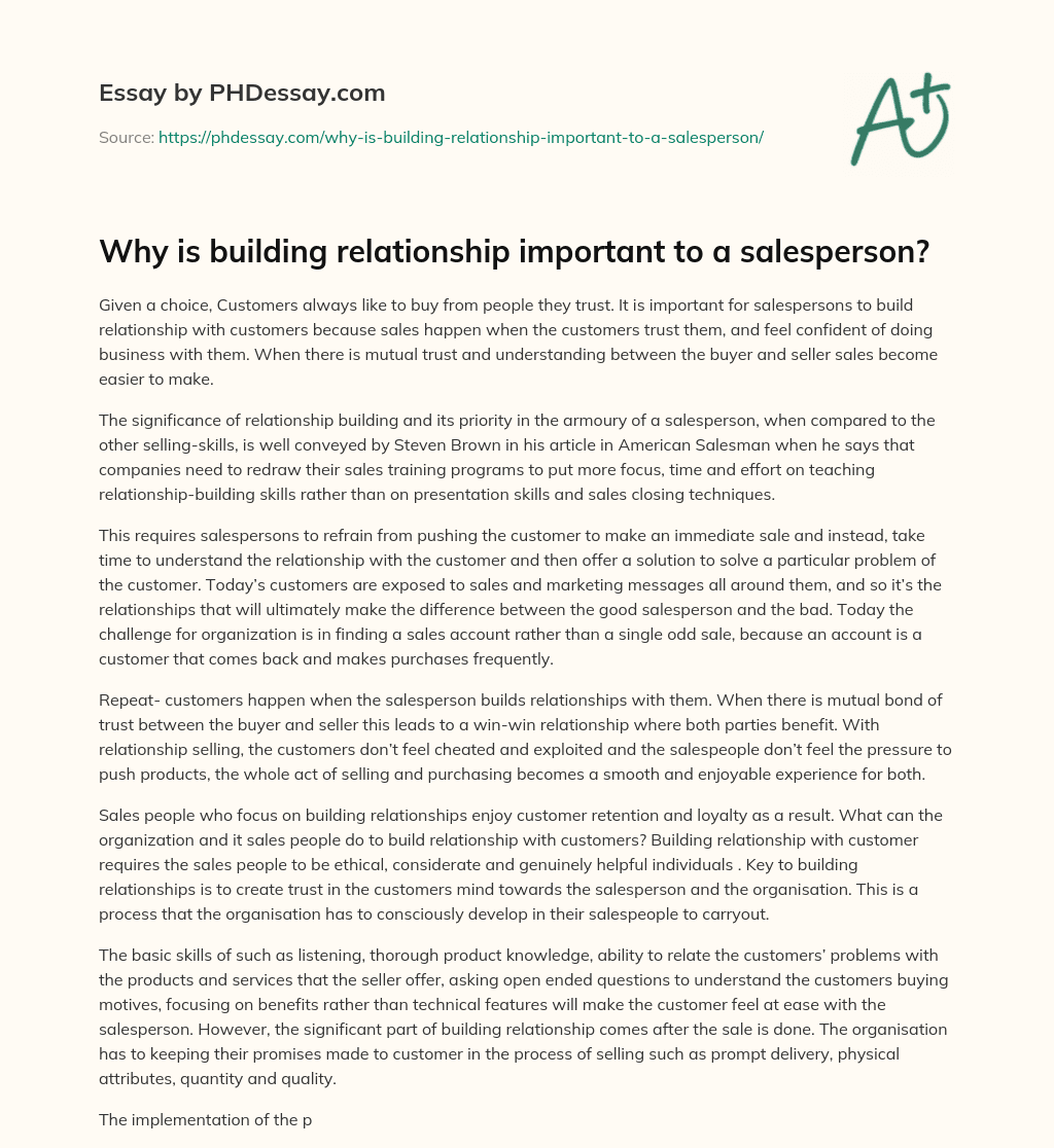Why is building relationship important to a salesperson? essay