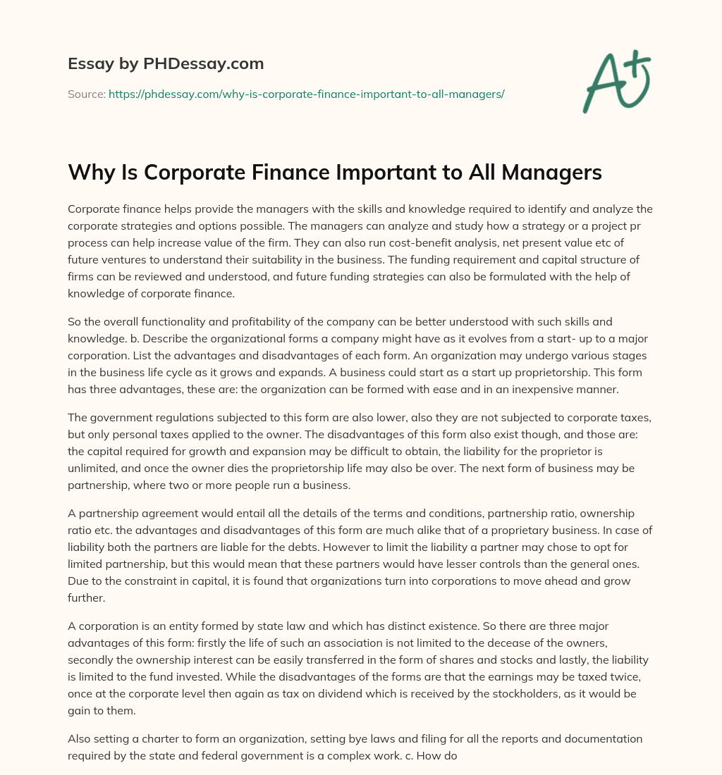 Why Is Corporate Finance Important to All Managers essay