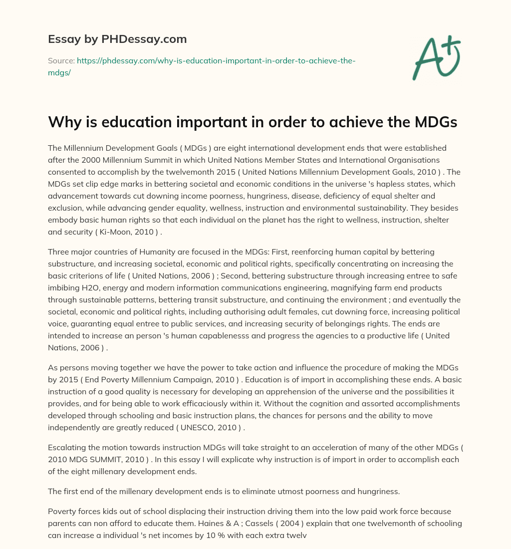 Why is education important in order to achieve the MDGs essay