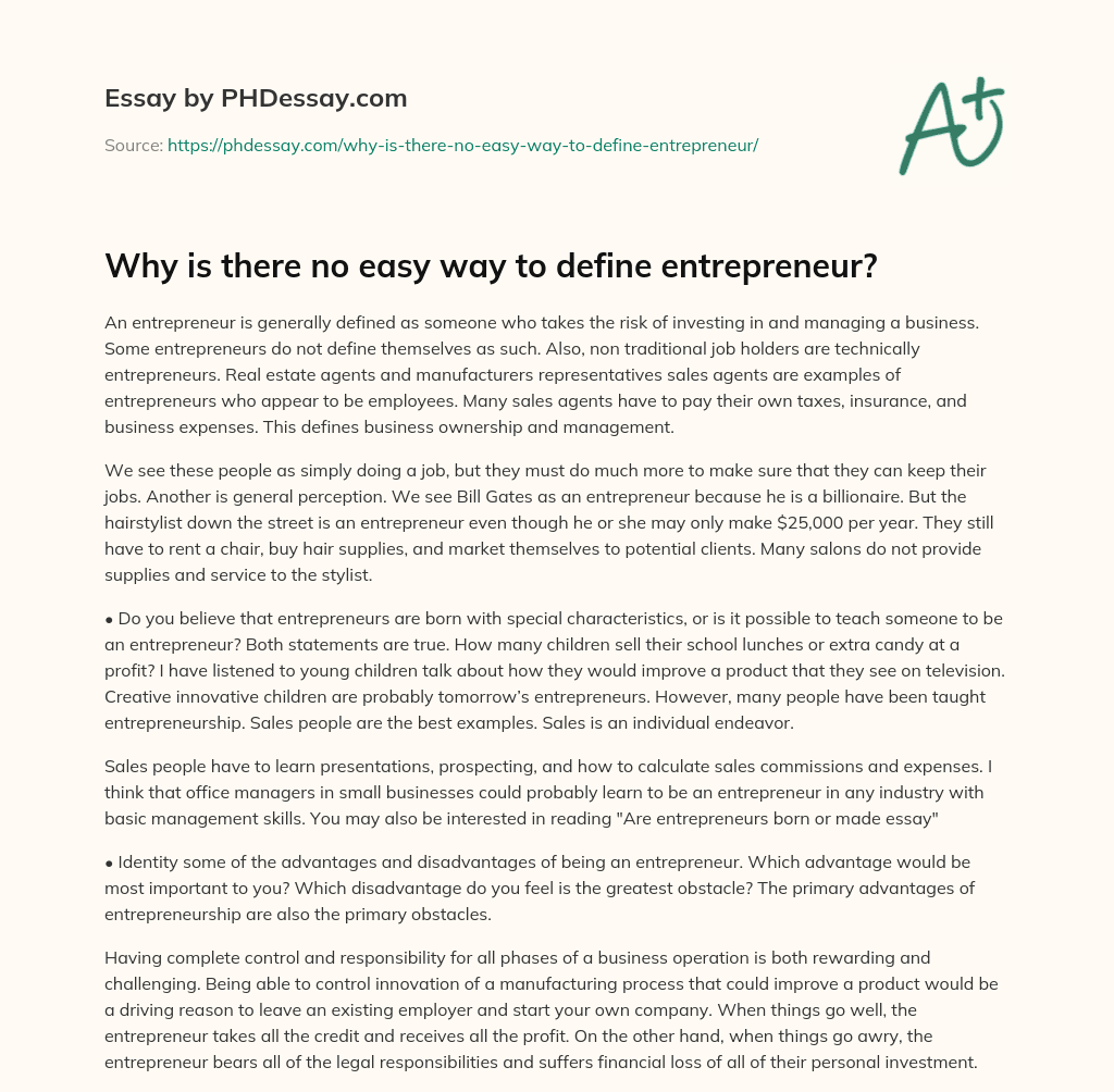 Why is there no easy way to define entrepreneur? essay