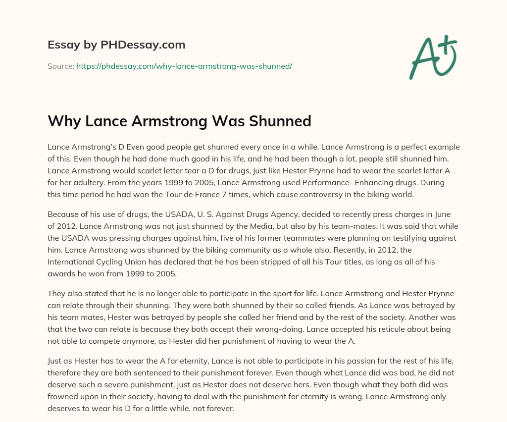Why Lance Armstrong Was Shunned essay