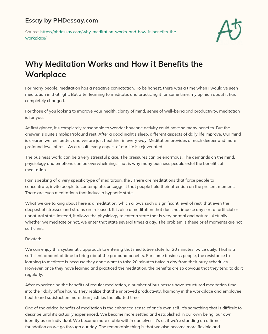 Why Meditation Works and How it Benefits the Workplace essay