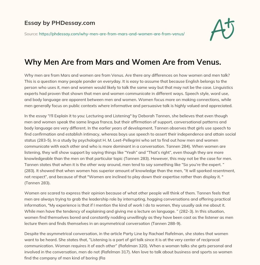 Why Men Are from Mars and Women Are from Venus. essay