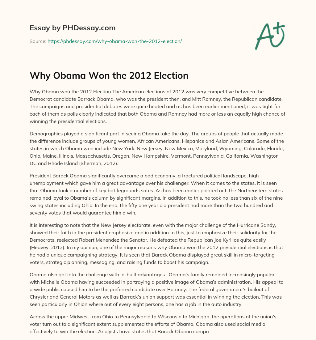 Why Obama Won the 2012 Election essay