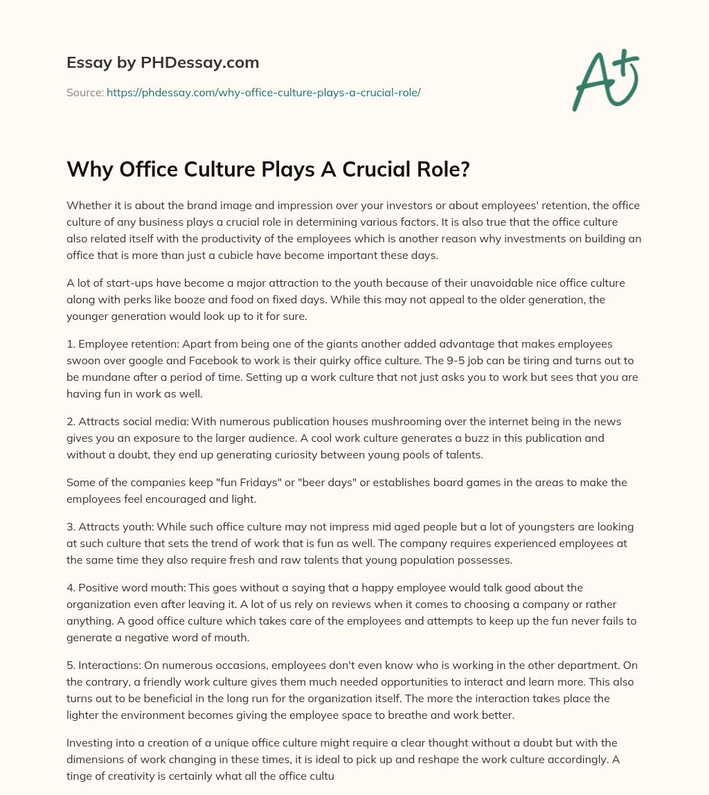 Why Office Culture Plays A Crucial Role? essay