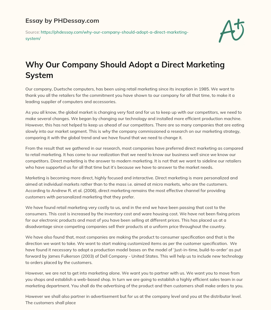 Why Our Company Should Adopt a Direct Marketing System essay