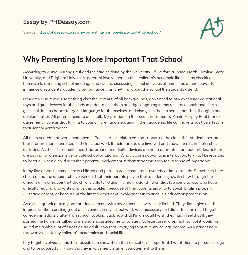 Why Parenting Is More Important That School essay