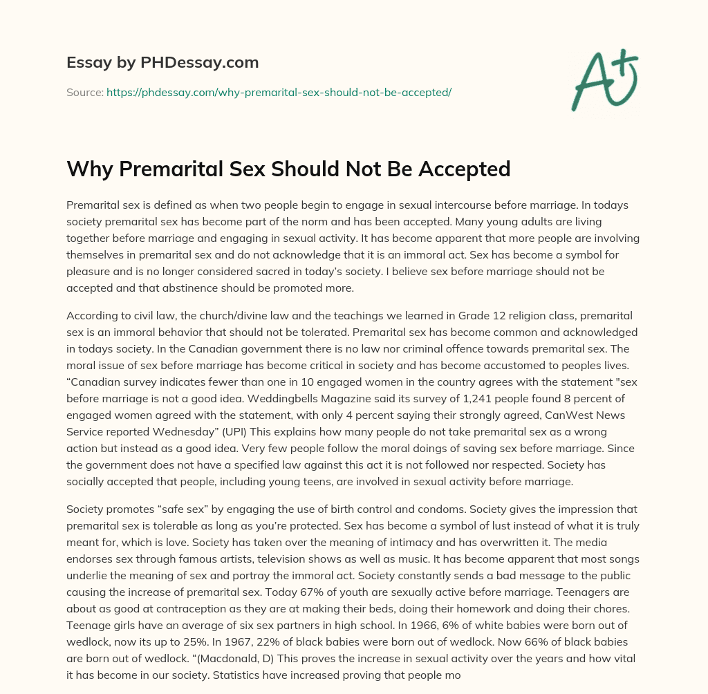 Why Premarital Sex Should Not Be Accepted Essay Example
