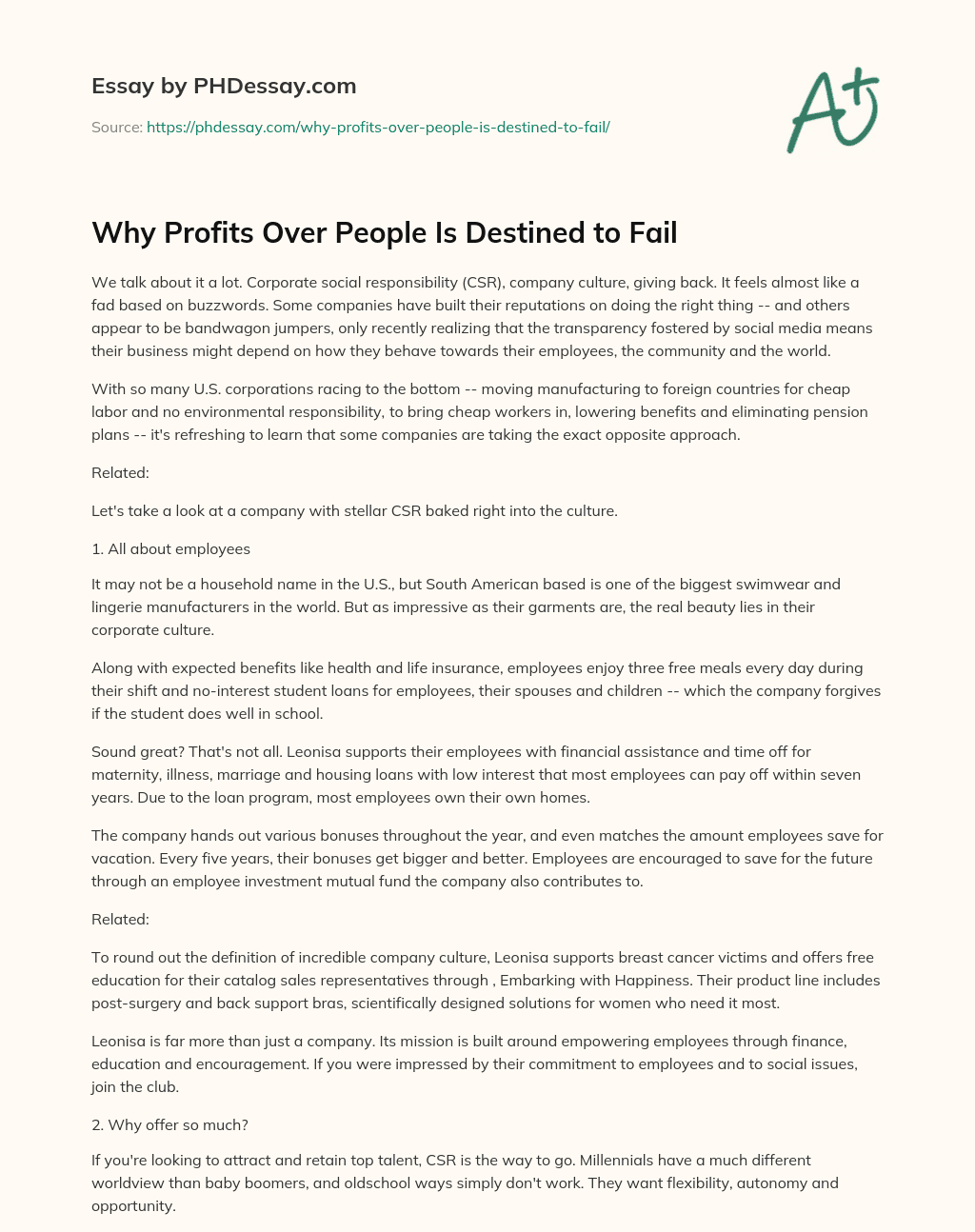 Why Profits Over People Is Destined to Fail essay