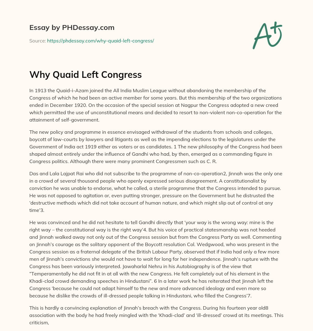 Why Quaid Left Congress essay