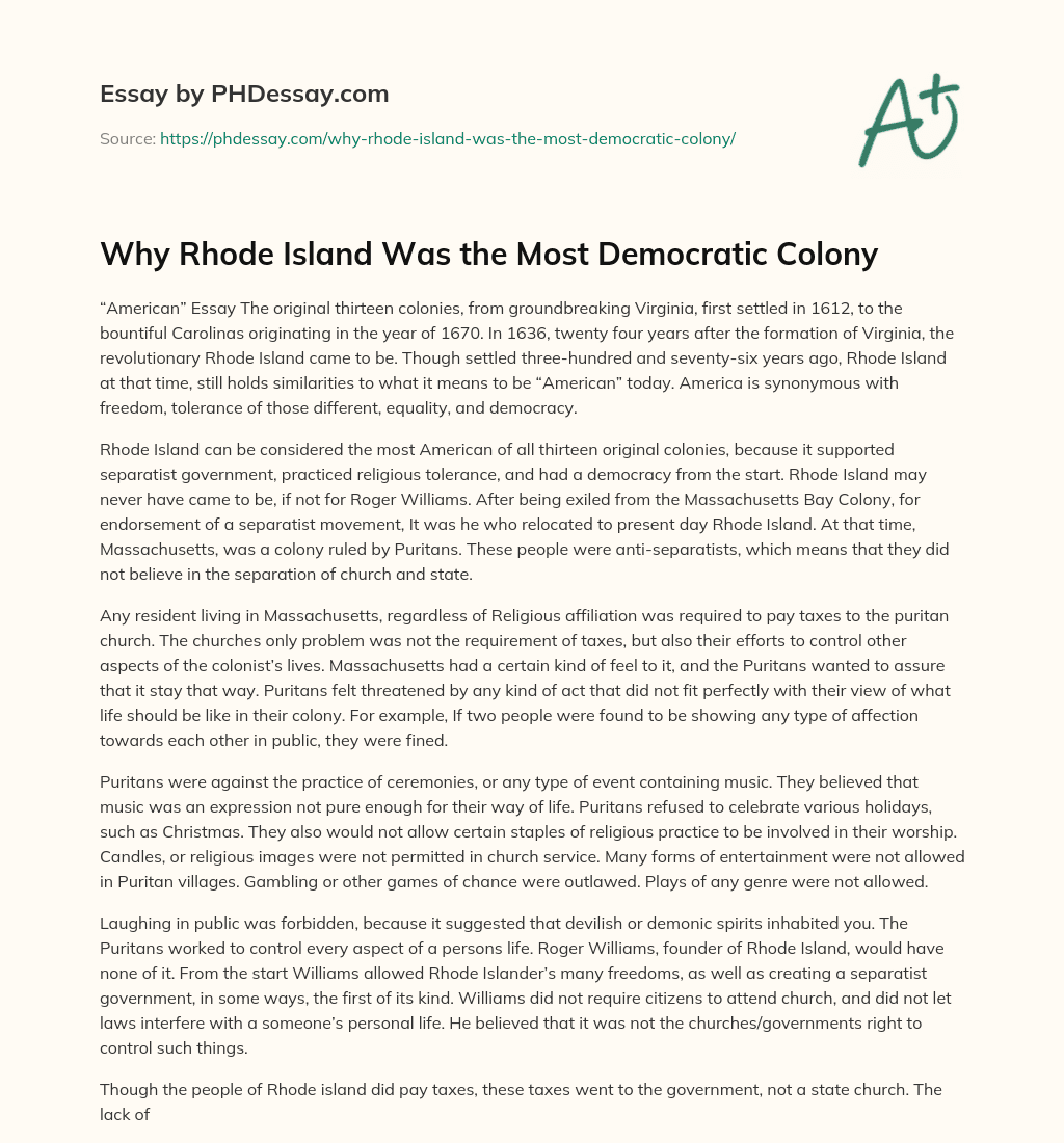 Why Rhode Island Was the Most Democratic Colony essay