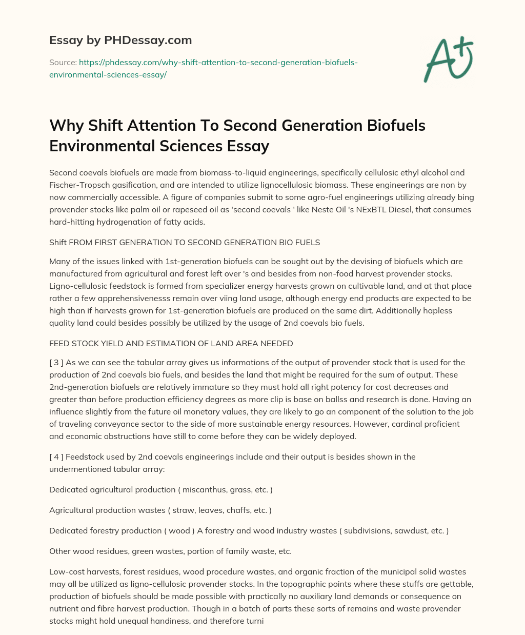 Why Shift Attention To Second Generation Biofuels Environmental Sciences Essay essay