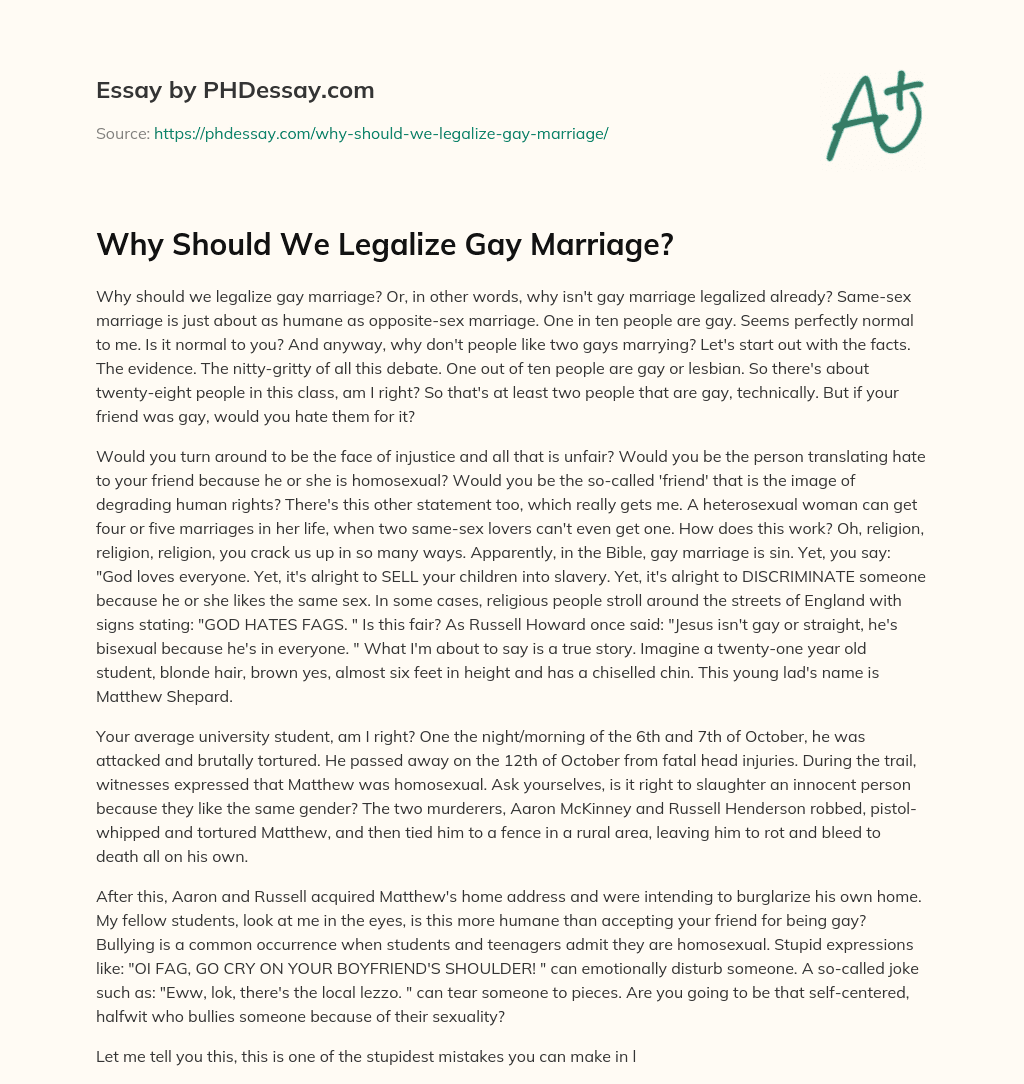Why Should We Legalize Gay Marriage? essay