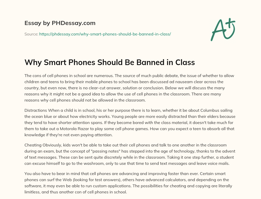 Why Smart Phones Should Be Banned In Class 300 Words PHDessay