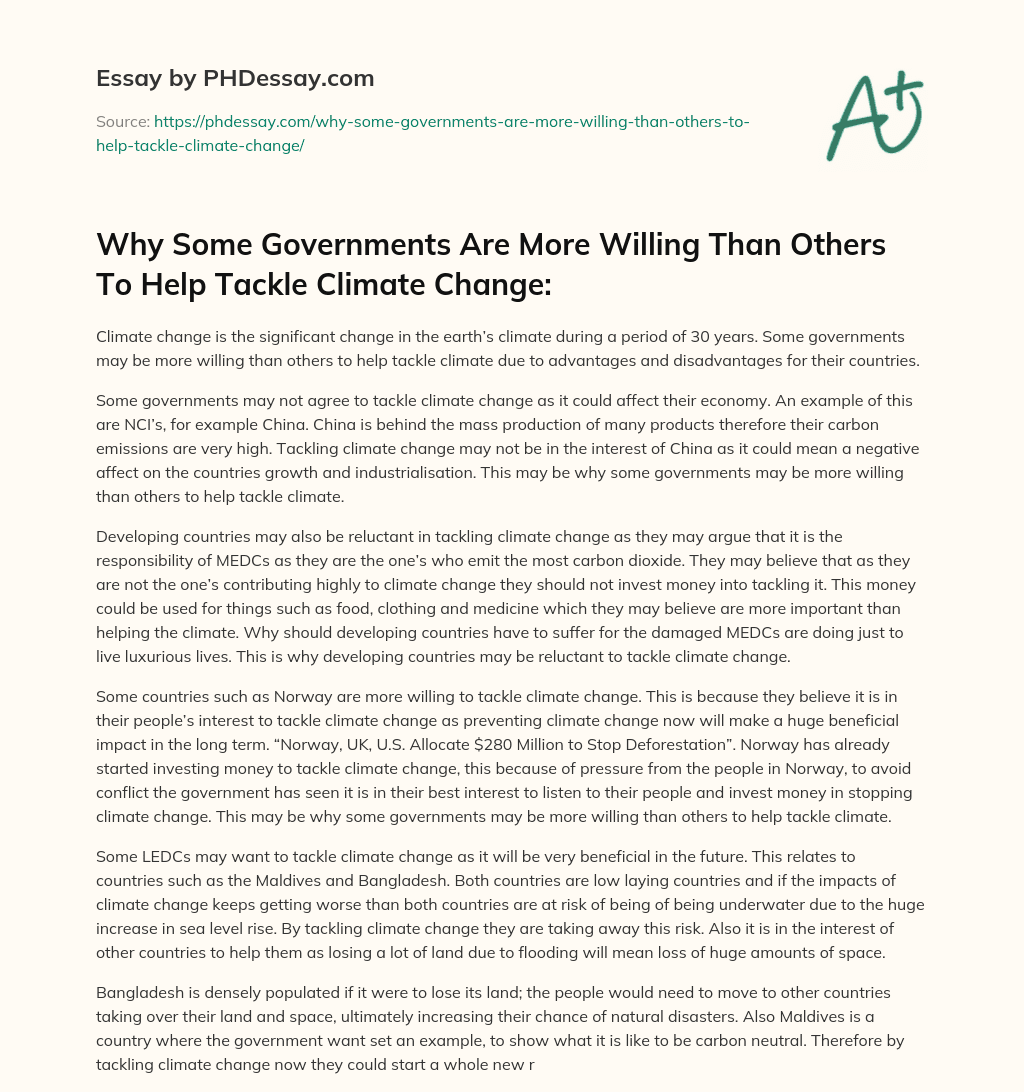 Why Some Governments Are More Willing Than Others To Help Tackle Climate Change: essay