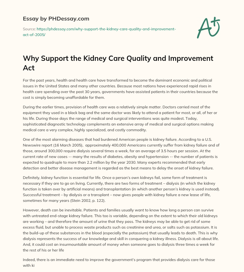 Why Support the Kidney Care Quality and Improvement Act essay