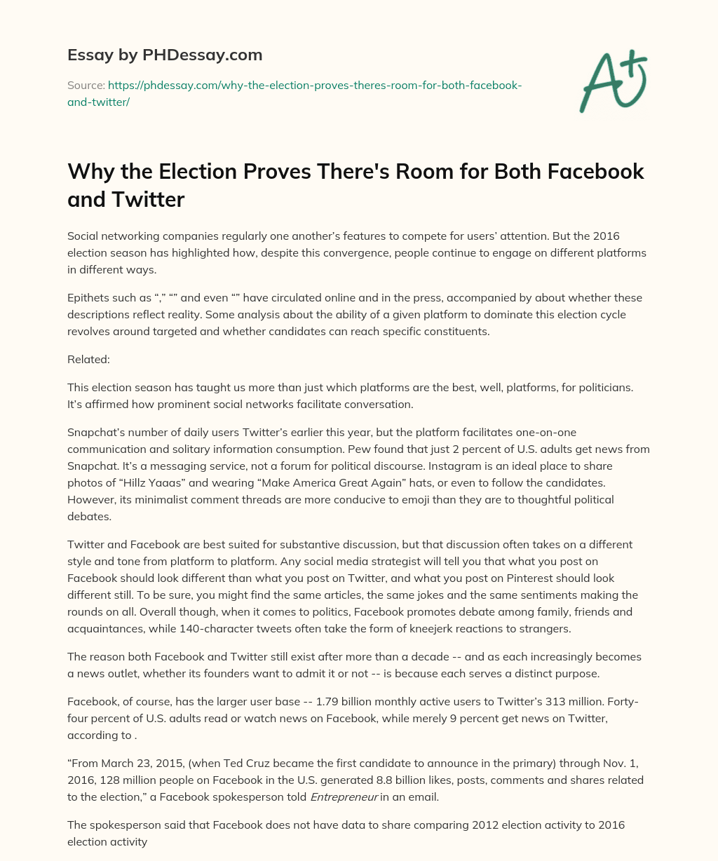 Why the Election Proves There’s Room for Both Facebook and Twitter essay