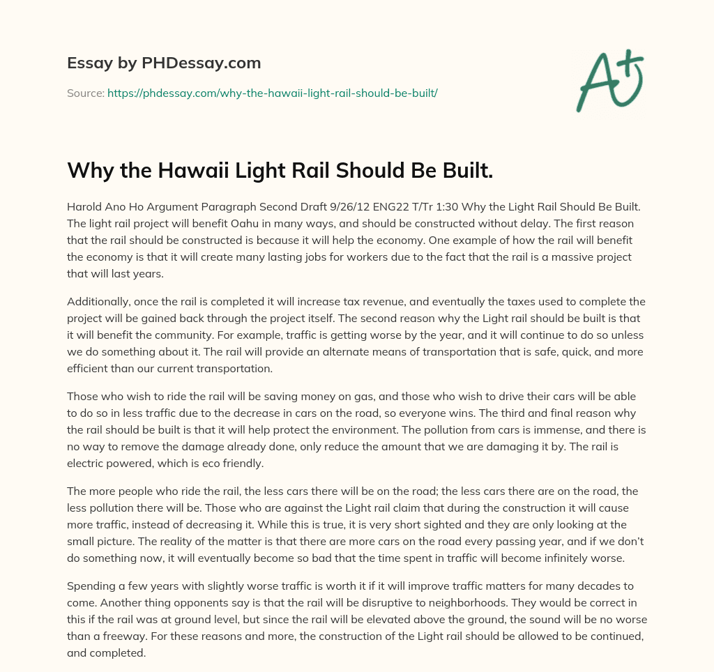 Why the Hawaii Light Rail Should Be Built. essay
