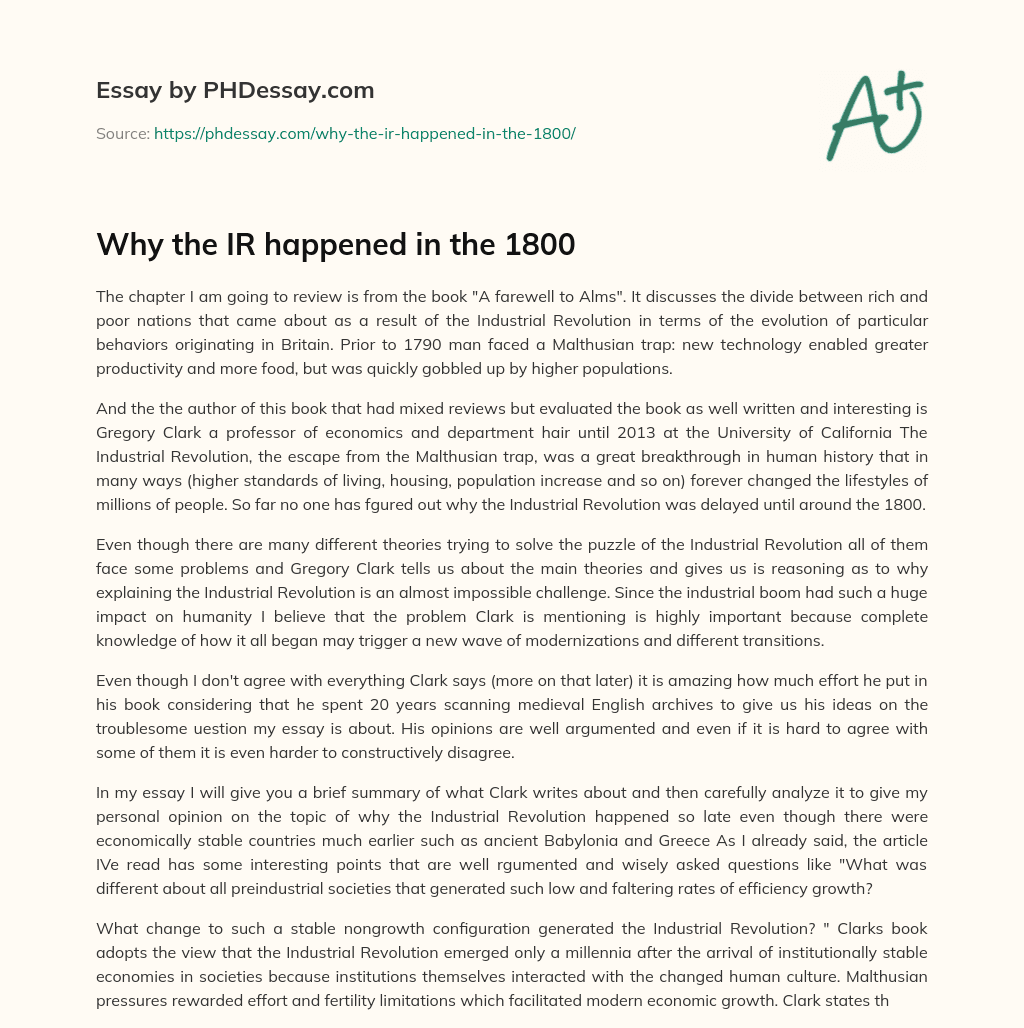 Why the IR happened in the 1800 essay