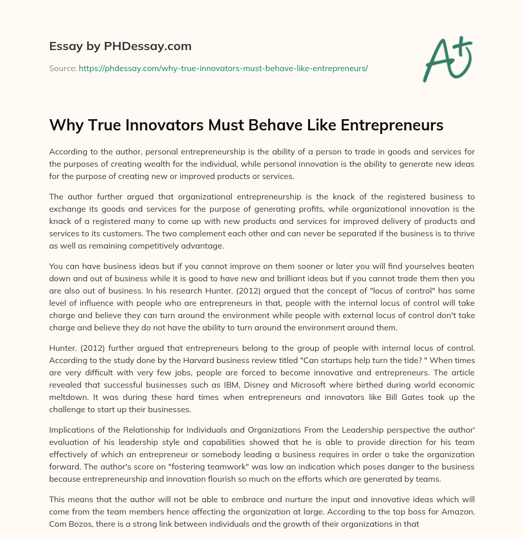 Why True Innovators Must Behave Like Entrepreneurs essay