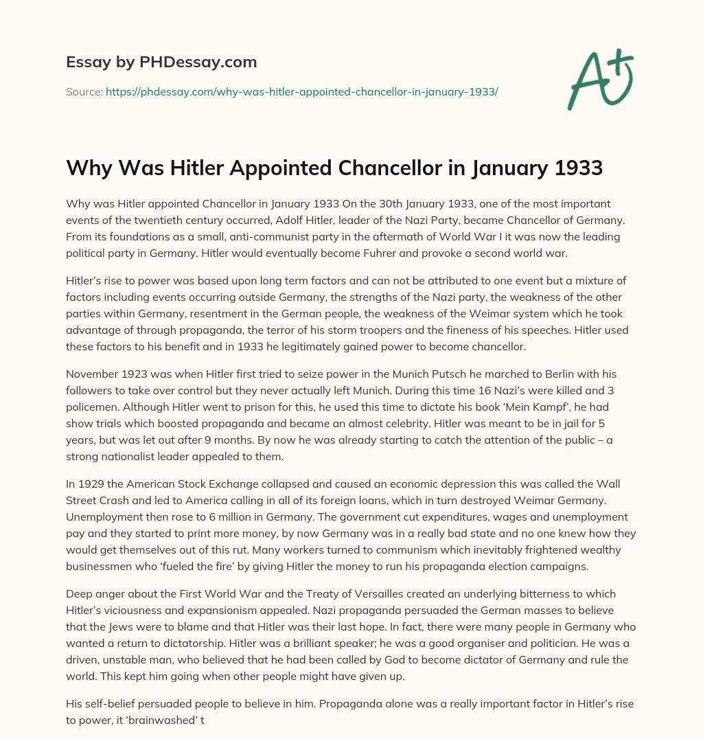 Why Was Hitler Appointed Chancellor in January 1933 essay