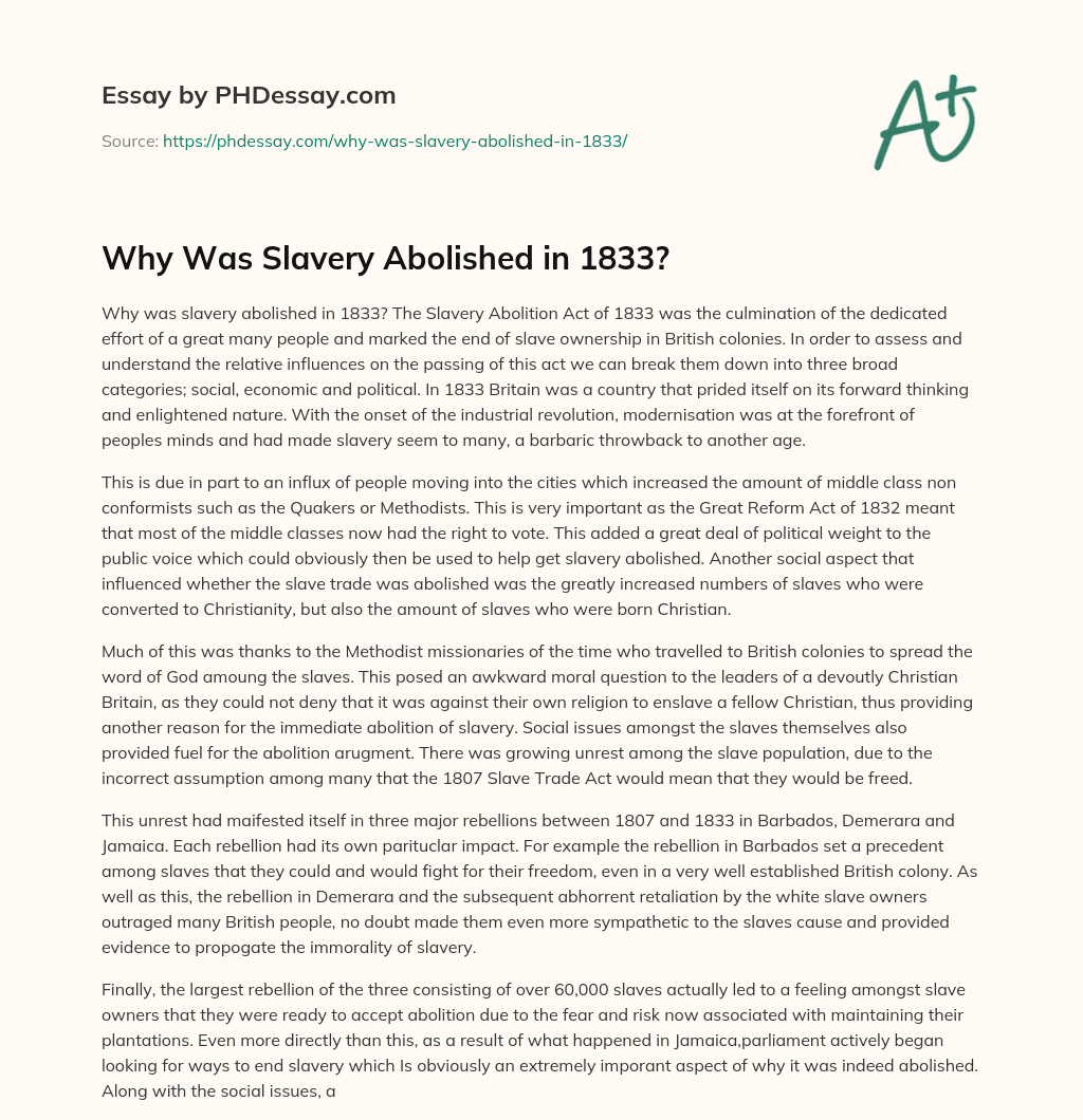 Why Was Slavery Abolished in 1833? essay
