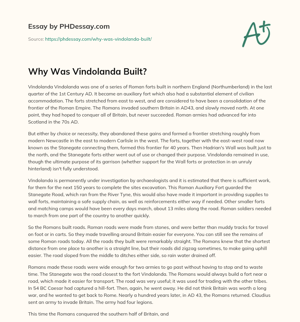 Why Was Vindolanda Built? essay