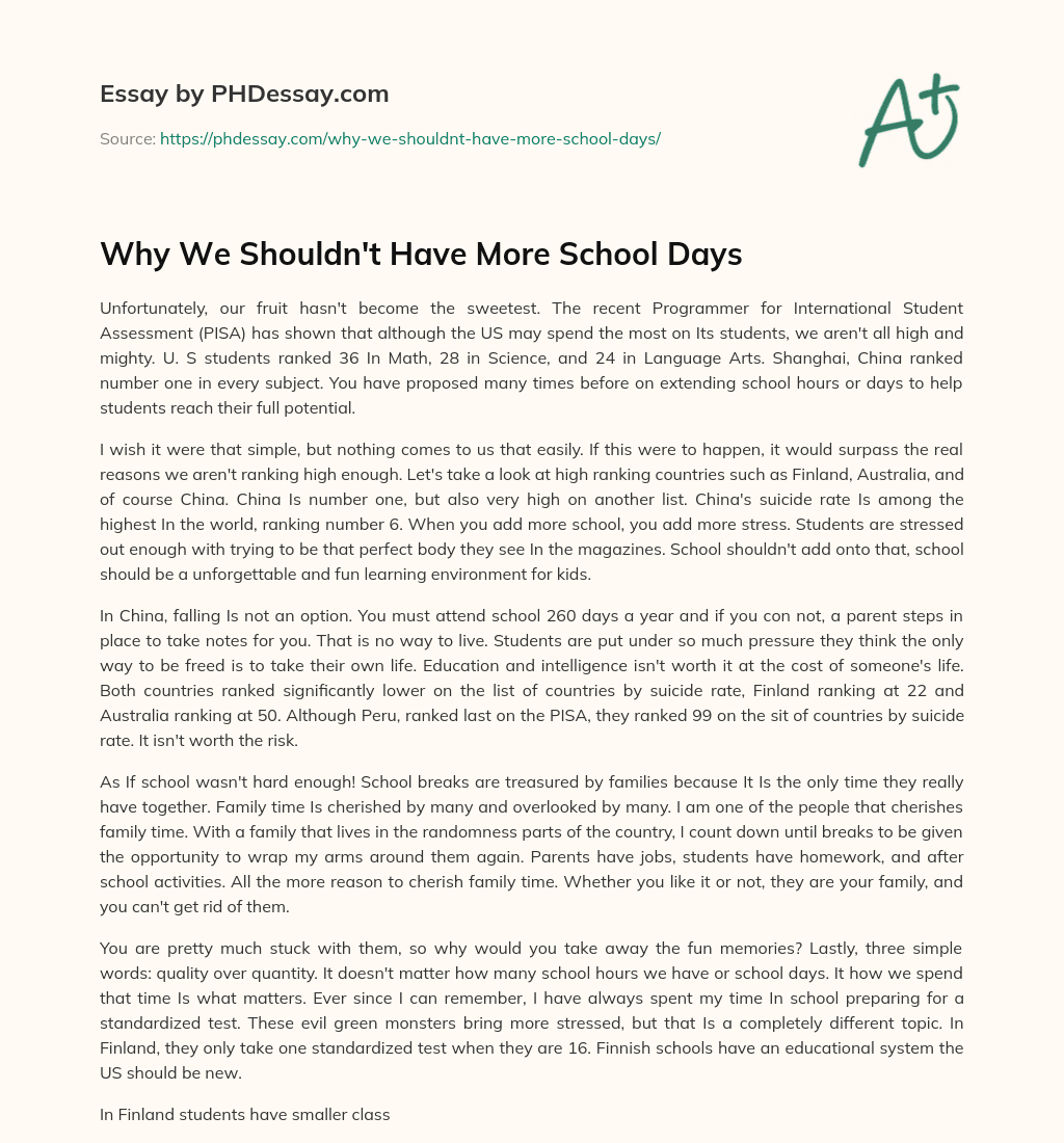 Why We Shouldn’t Have More School Days essay
