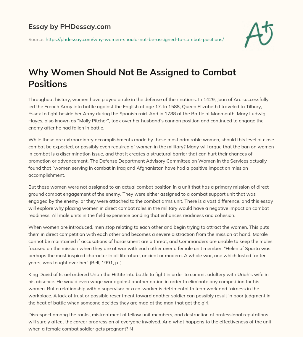 Why Women Should Not Be Assigned to Combat Positions essay