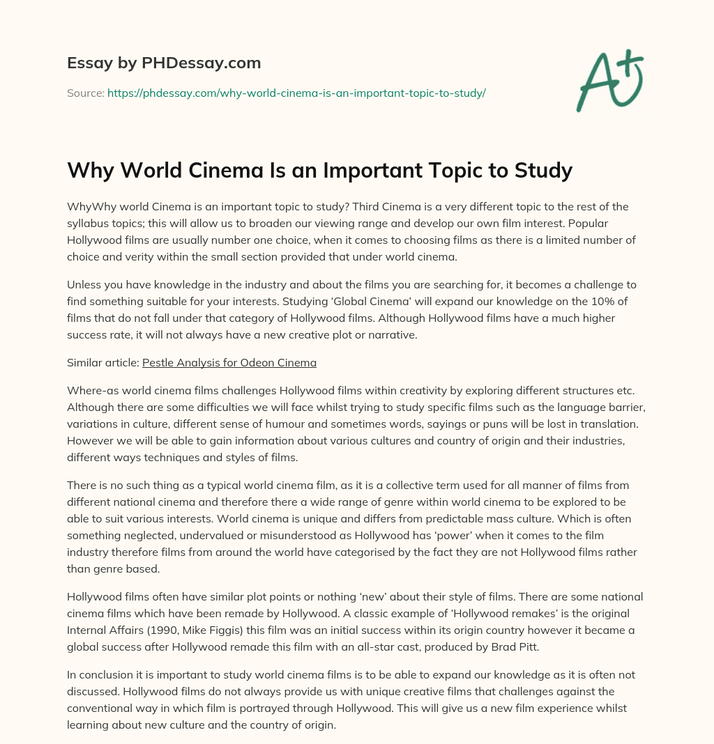 Why World Cinema Is an Important Topic to Study essay