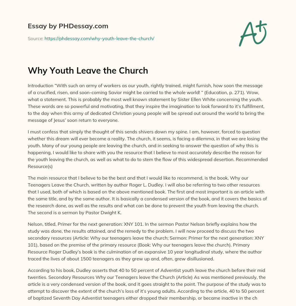 Why Youth Leave the Church essay