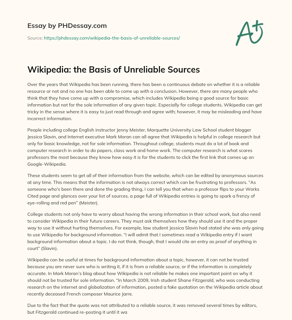 Wikipedia: the Basis of Unreliable Sources essay