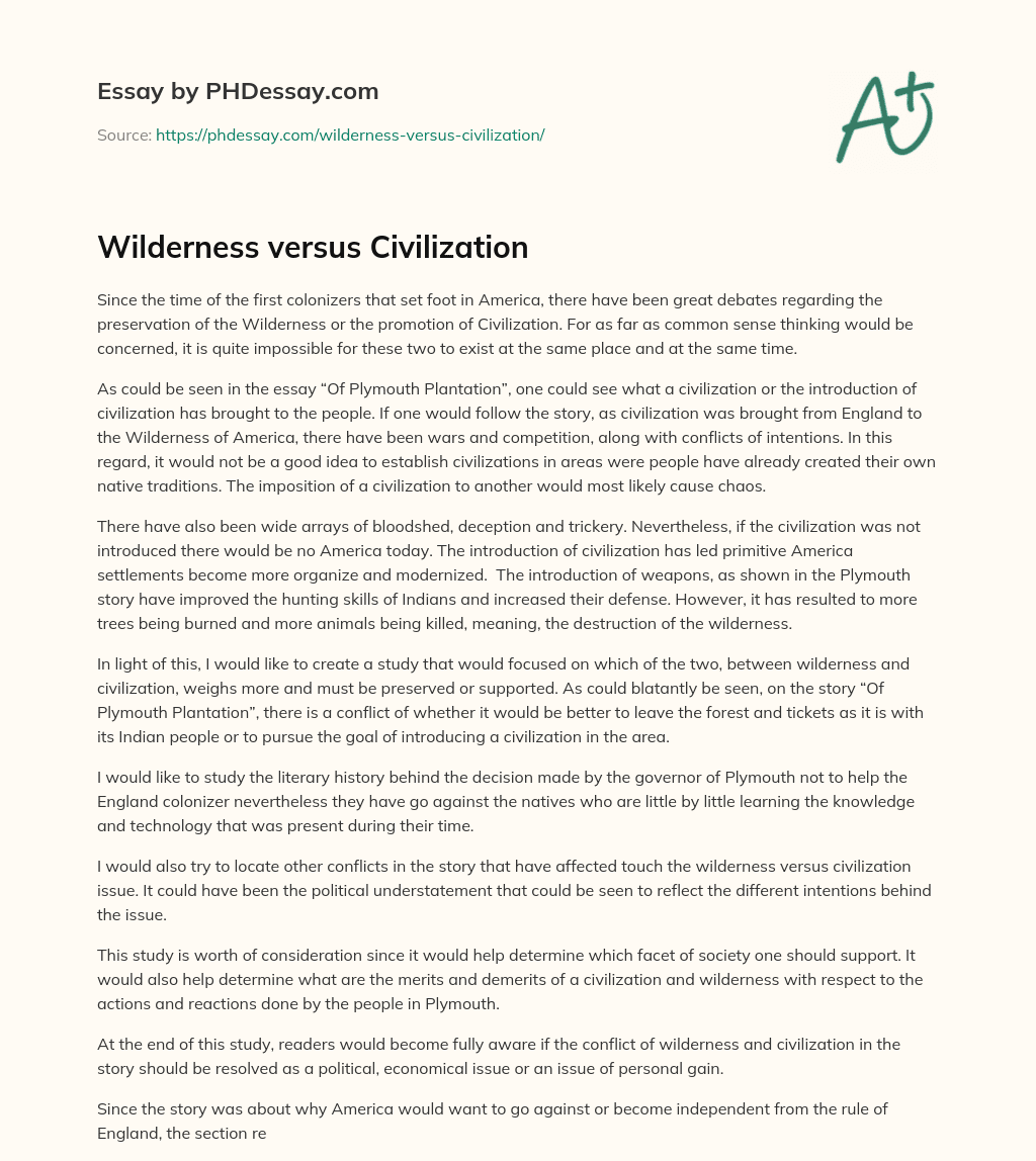 Wilderness versus Civilization essay