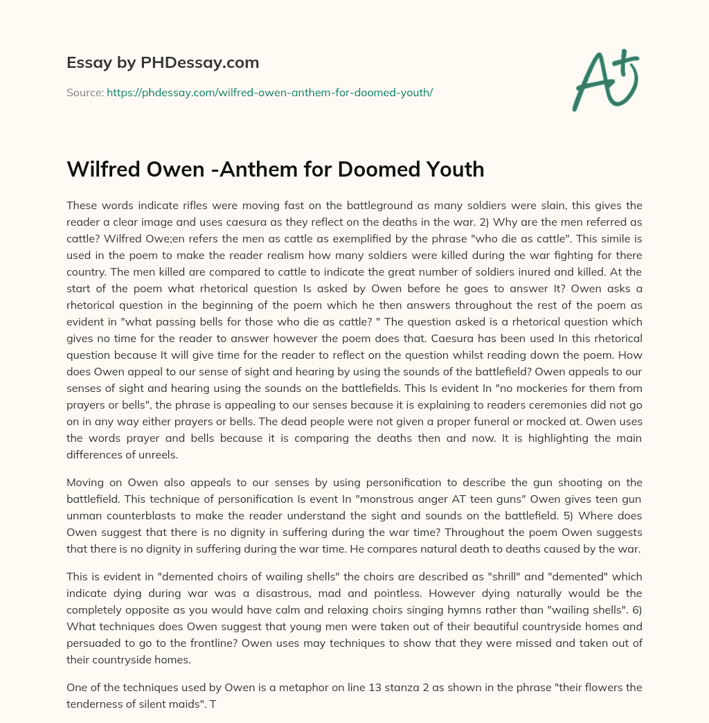 Wilfred Owen -Anthem for Doomed Youth essay
