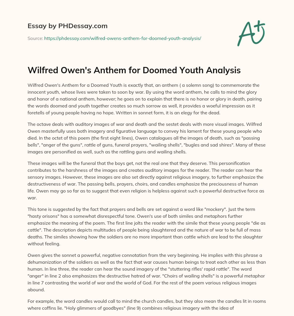 Wilfred Owen’s Anthem for Doomed Youth Analysis essay