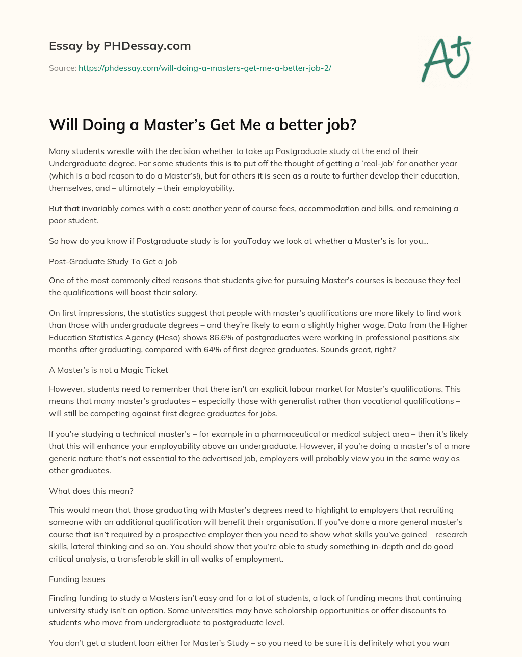 Will Doing a Master’s Get Me a better job? essay