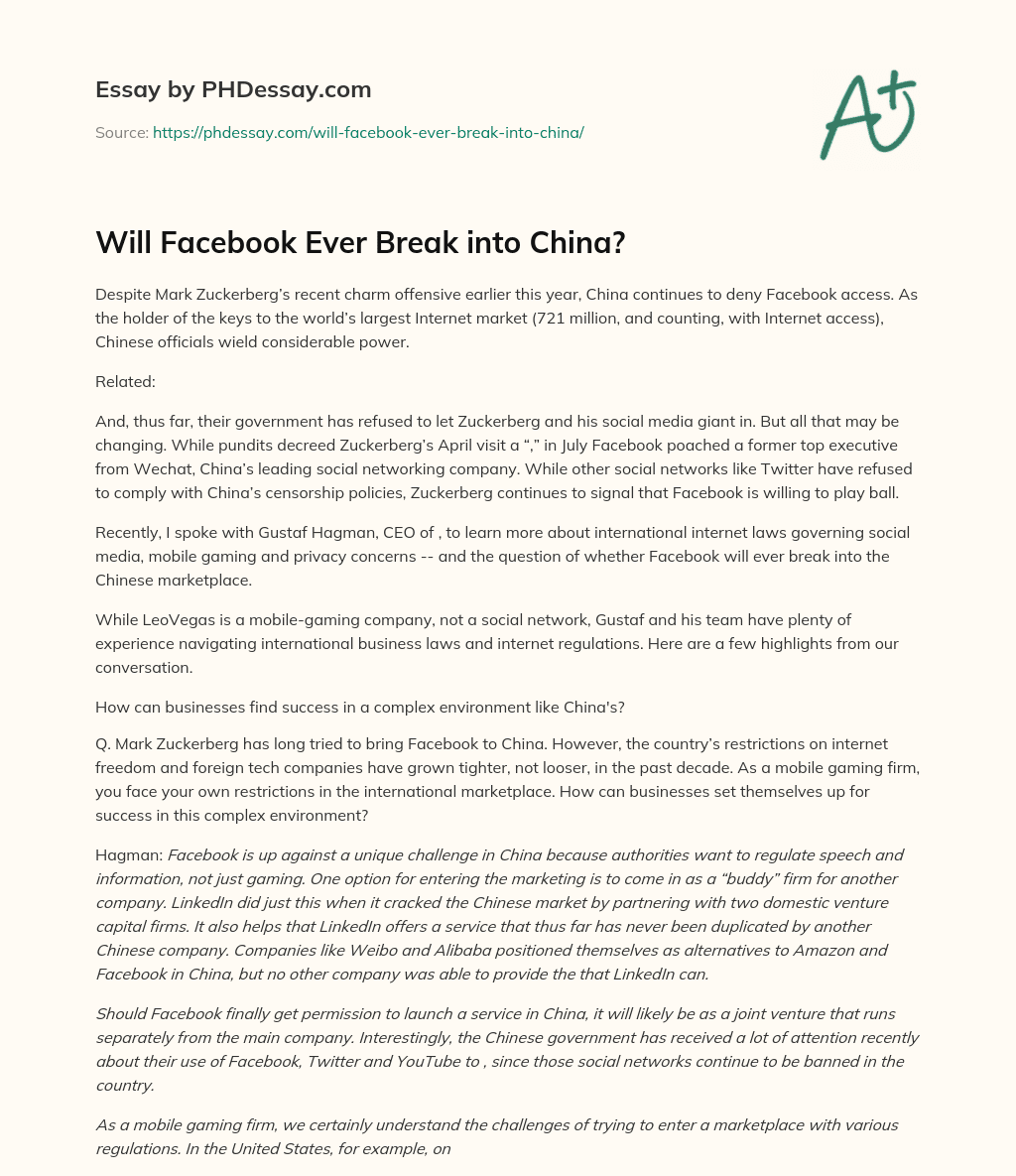Will Facebook Ever Break into China? essay