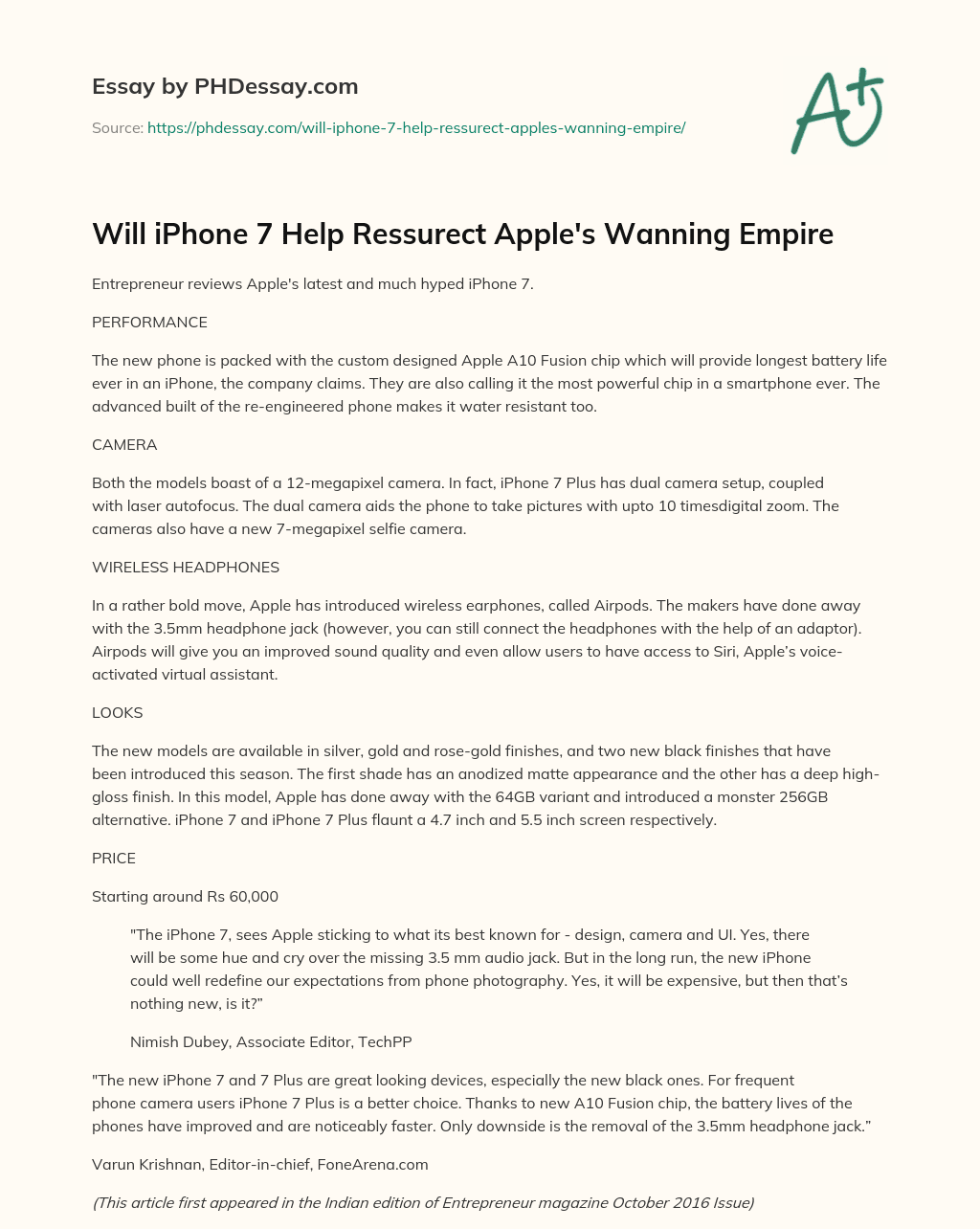 Will iPhone 7 Help Ressurect Apple’s Wanning Empire essay